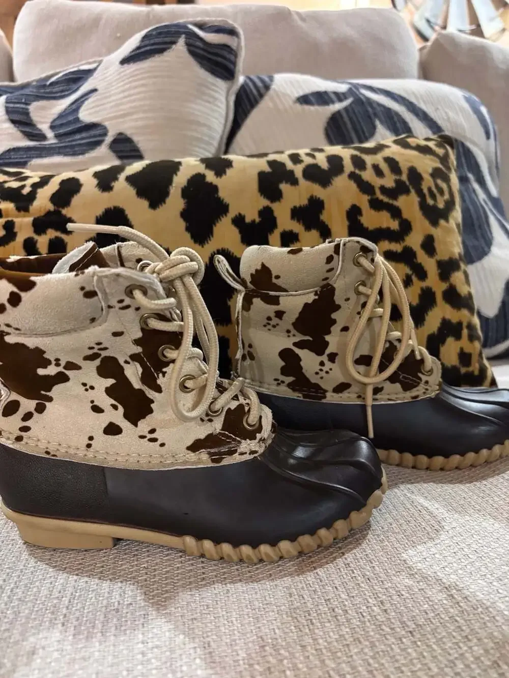 Outwoods Kids Size Cow Print Lace Up Rubber Duck Boots